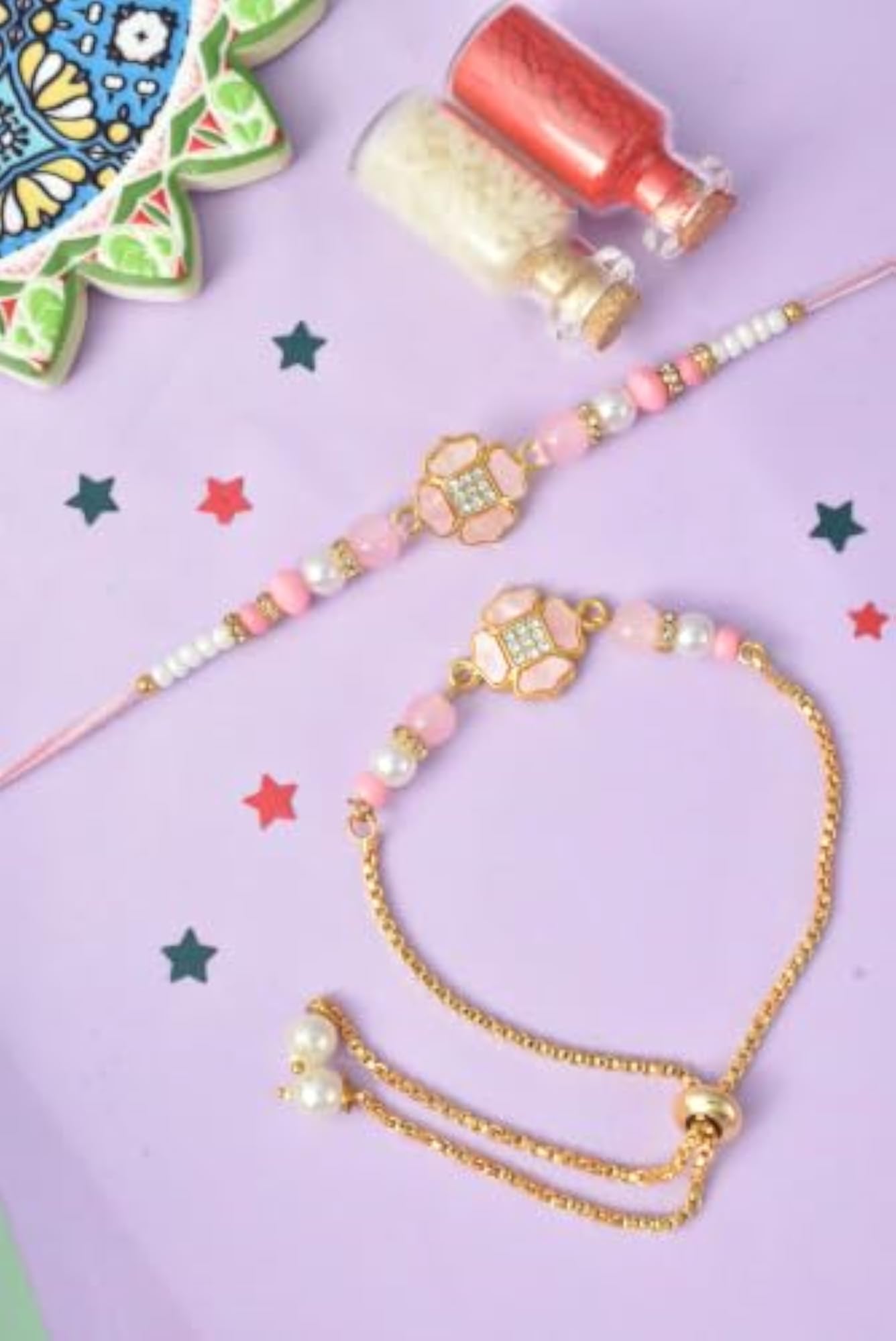 Premium Pastel Round Design AD Studded Cotton Thread Beaded Bhai Rakhi